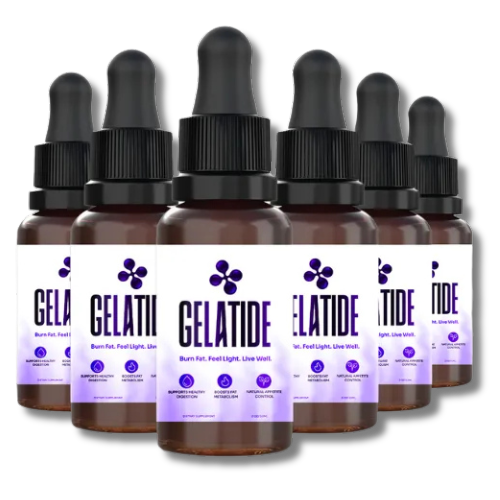 Gelatide™ 6-bottle pack — amber dropper bottles with purple label, best value