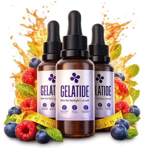 Gelatide™ drops surrounded by fresh botanicals — natural ingredients